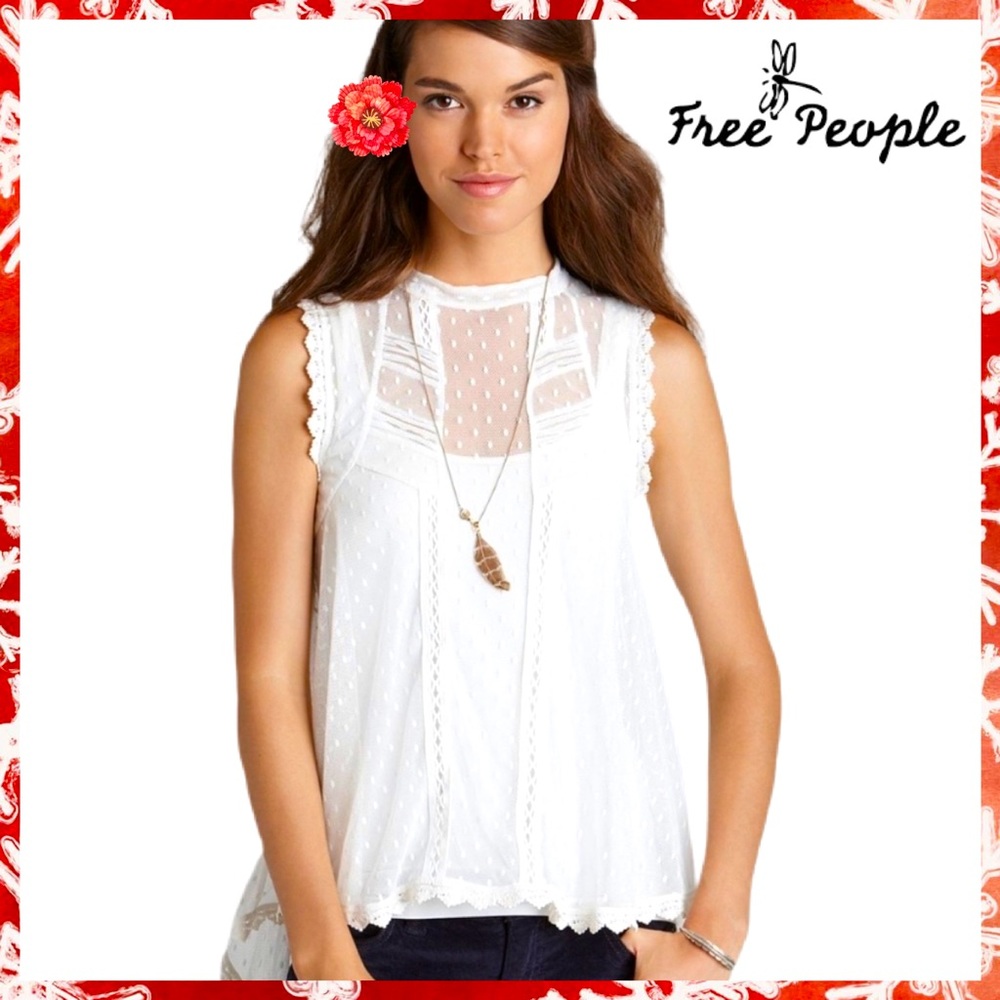 Free People Fiona Lace Tunic Top, Size Medium in Winter White Lace
